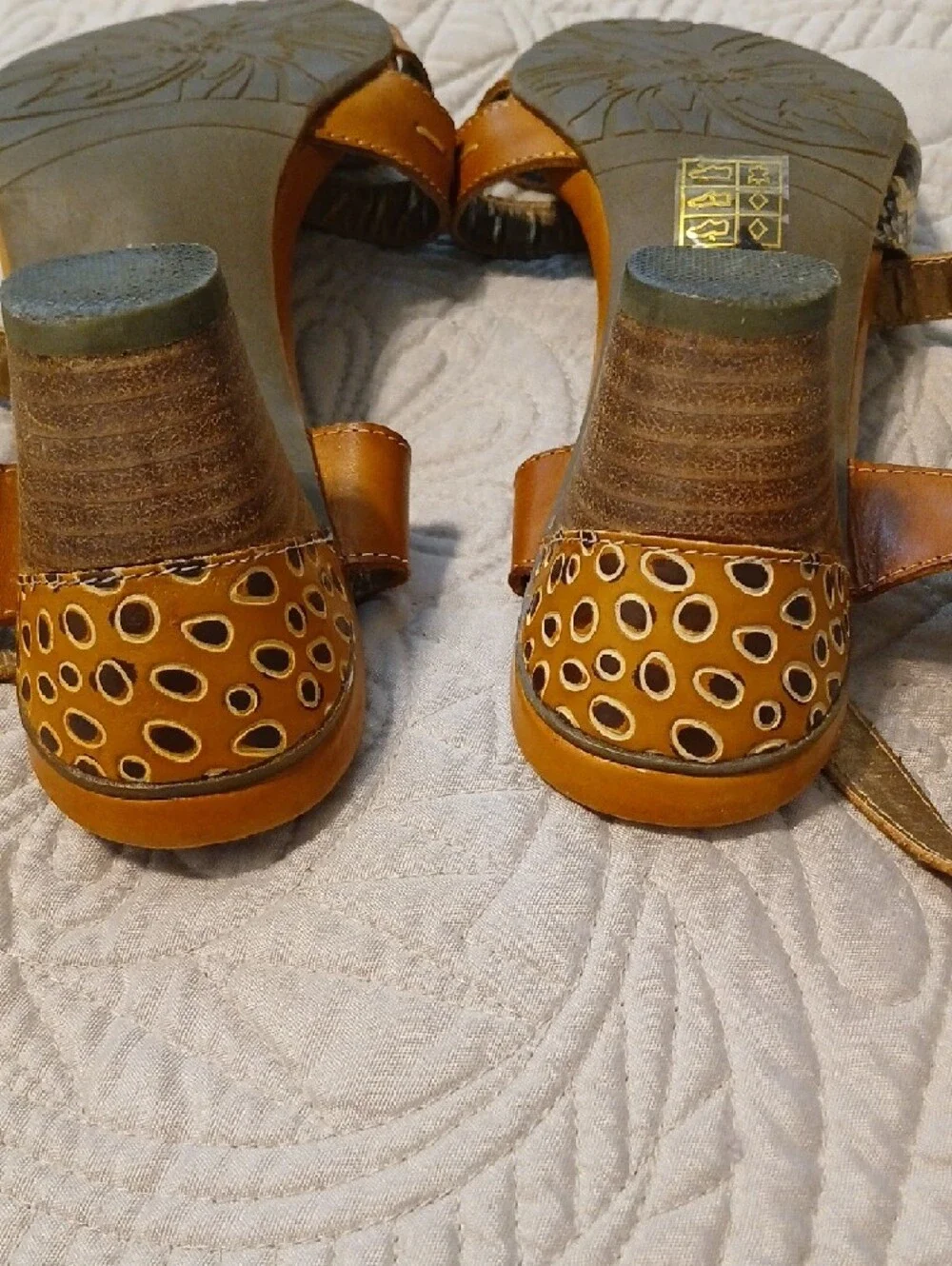 Tan Leather Sandals with Green Floral Accent